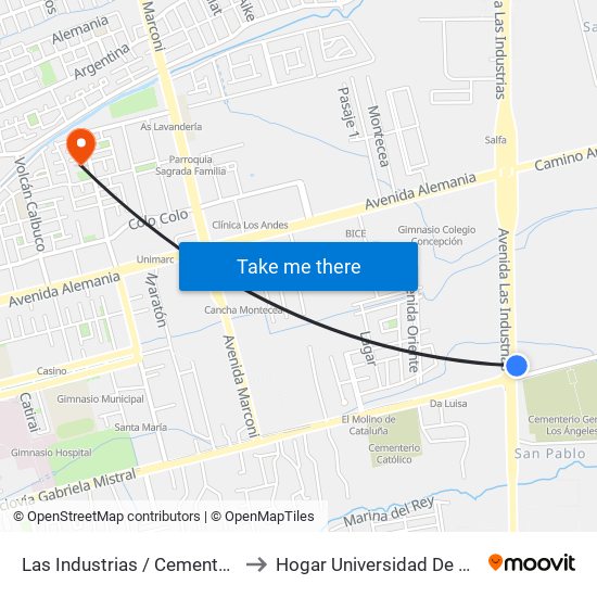 Las Industrias / Cementerio General to Hogar Universidad De Concepción map