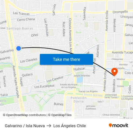 Galvarino / Isla Nueva to Los Ángeles Chile map