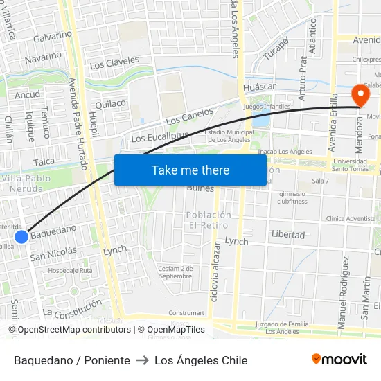 Baquedano /  Poniente to Los Ángeles Chile map