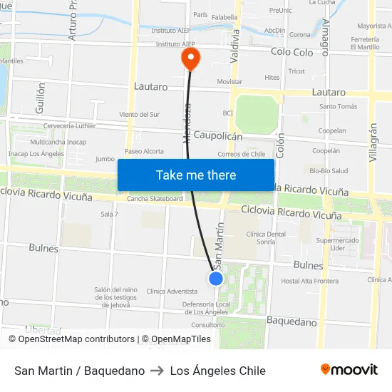 San Martin /  Baquedano to Los Ángeles Chile map