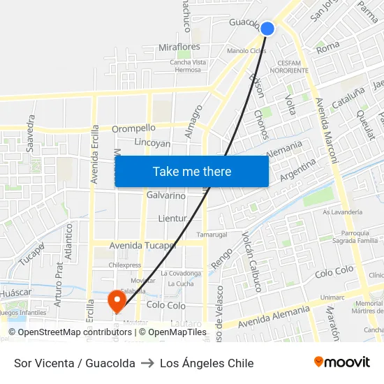 Sor Vicenta /  Guacolda to Los Ángeles Chile map