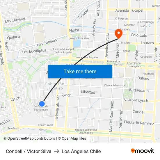 Condell /  Victor Silva to Los Ángeles Chile map