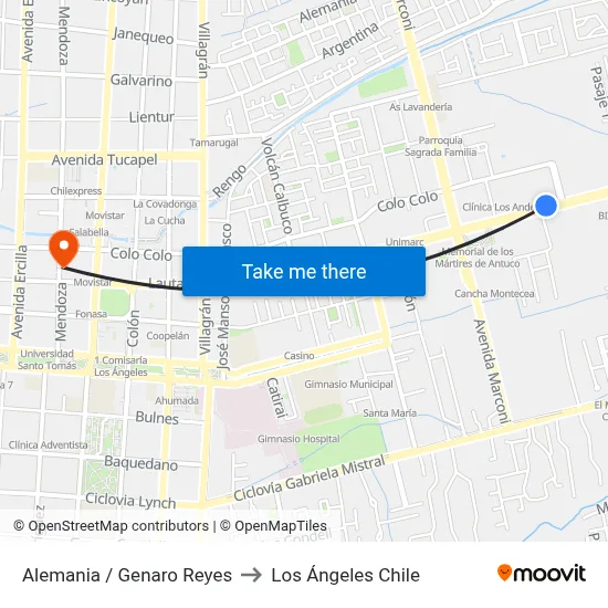 Alemania /  Genaro Reyes to Los Ángeles Chile map