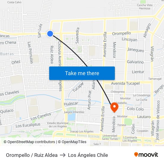 Orompello /  Ruiz Aldea to Los Ángeles Chile map