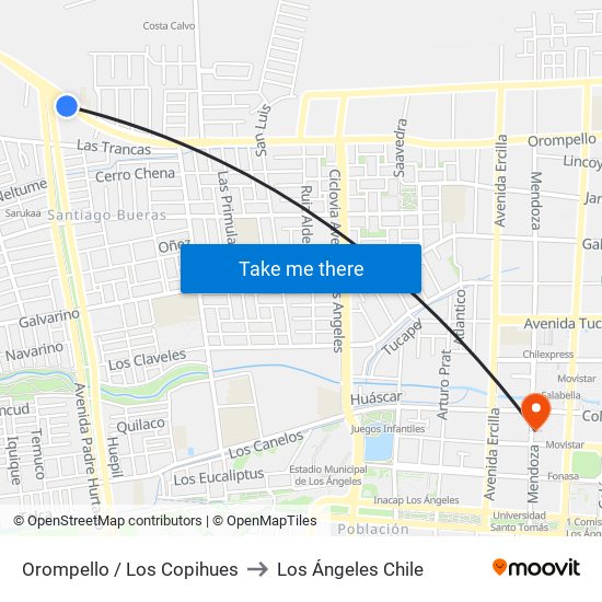 Orompello /  Los Copihues to Los Ángeles Chile map