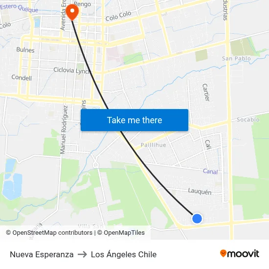 Nueva Esperanza to Los Ángeles Chile map