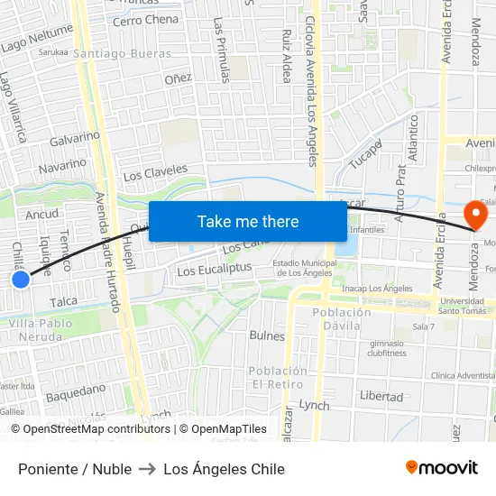 Poniente /  Nuble to Los Ángeles Chile map
