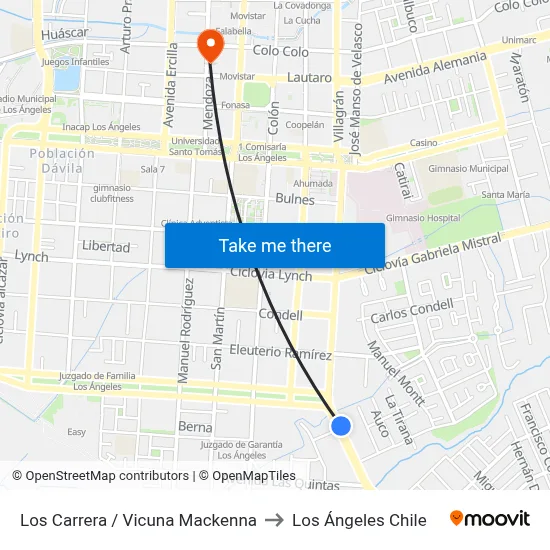 Los Carrera /  Vicuna Mackenna to Los Ángeles Chile map
