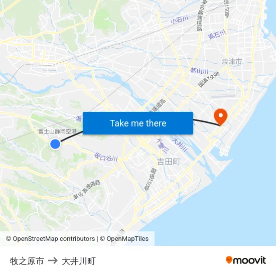 牧之原市 to 大井川町 map