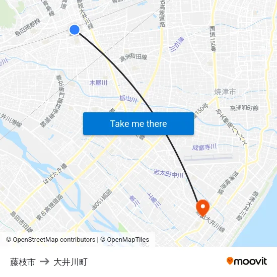 藤枝市 to 大井川町 map