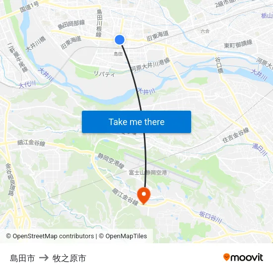 島田市 to 牧之原市 map