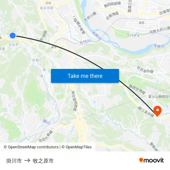 掛川市 to 牧之原市 map