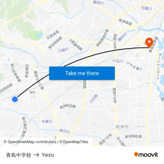 青島中学校 to Yaizu map