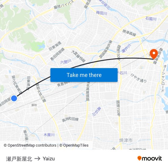 瀬戸新屋北 to Yaizu map
