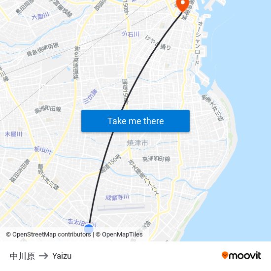 中川原 to Yaizu map