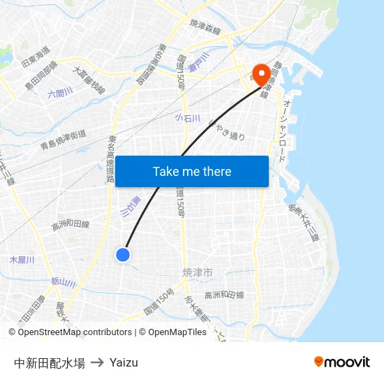 中新田配水場 to Yaizu map