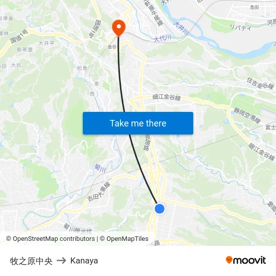 牧之原中央 to Kanaya map