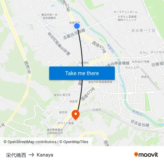Sakashiro Bridge West to Kanaya map