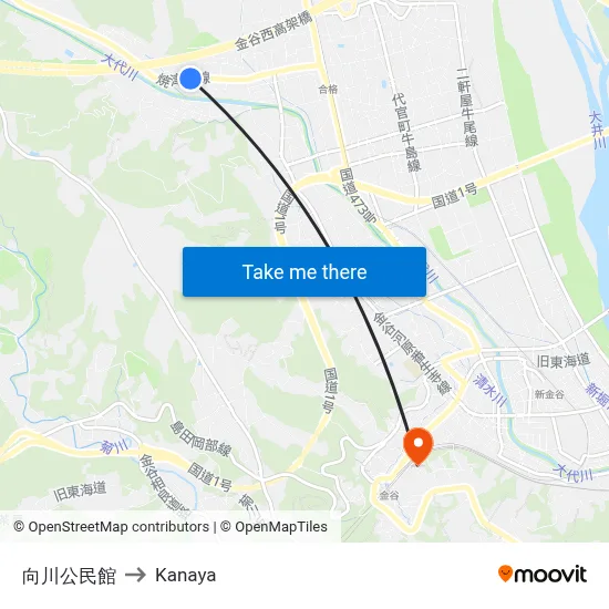 Mukaikawa Public Hall to Kanaya map