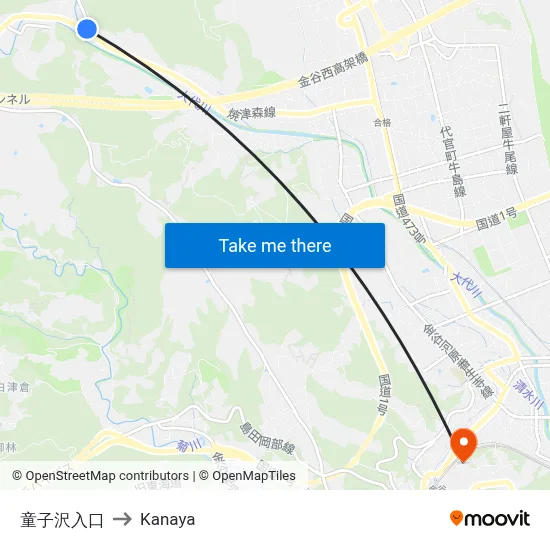 童子沢入口 to Kanaya map