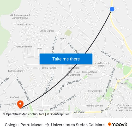 Colegiul Petru Mușat to Universitatea Ștefan Cel Mare map