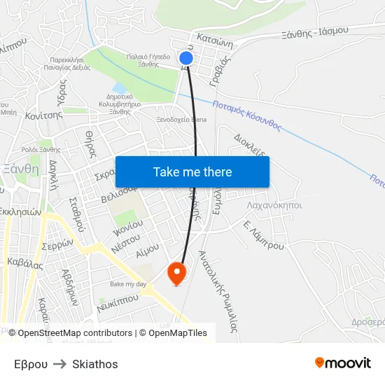 Evrou to Skiathos map