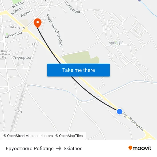 Rodopi Factory to Skiathos map