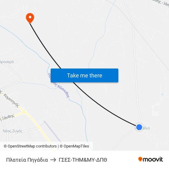 Πλατεία Πηγάδια to ΓΣΕΣ-ΤΗΜ&ΜΥ-ΔΠΘ map