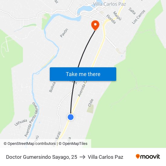 Doctor Gumersindo Sayago, 25 to Villa Carlos Paz map