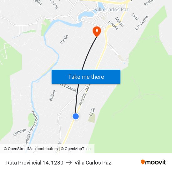 Ruta Provincial 14, 1280 to Villa Carlos Paz map