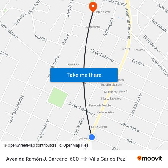Avenida Ramón J. Cárcano, 600 to Villa Carlos Paz map