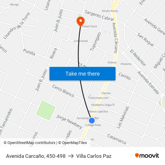 Avenida Carcaño, 450-498 to Villa Carlos Paz map