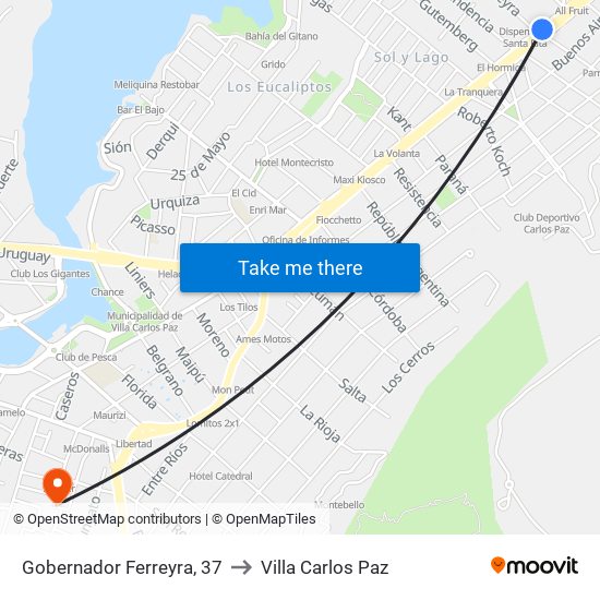 Gobernador Ferreyra, 37 to Villa Carlos Paz map