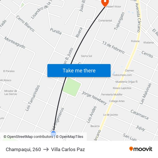 Champaqui, 260 to Villa Carlos Paz map