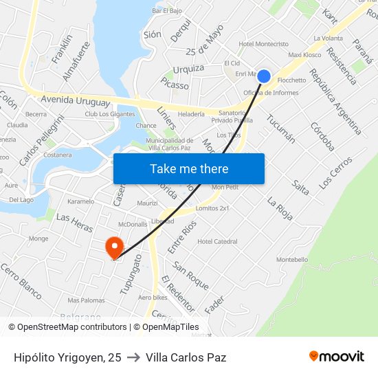 Hipólito Yrigoyen, 25 to Villa Carlos Paz map