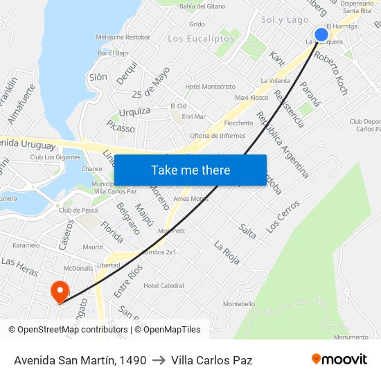 Avenida San Martín, 1490 to Villa Carlos Paz map