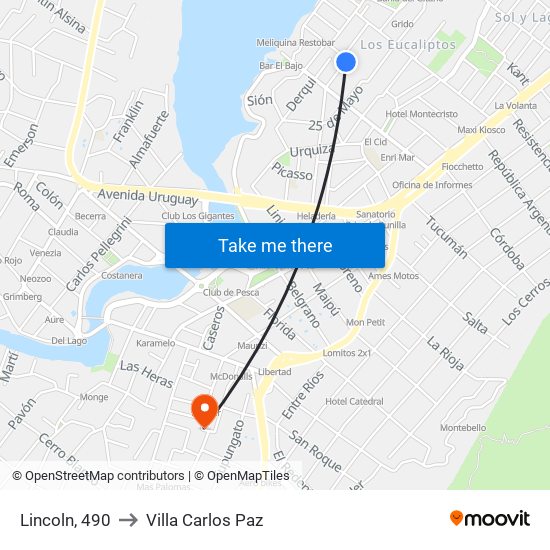 Lincoln, 490 to Villa Carlos Paz map