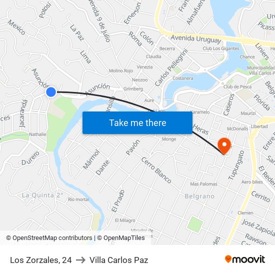 Los Zorzales, 24 to Villa Carlos Paz map