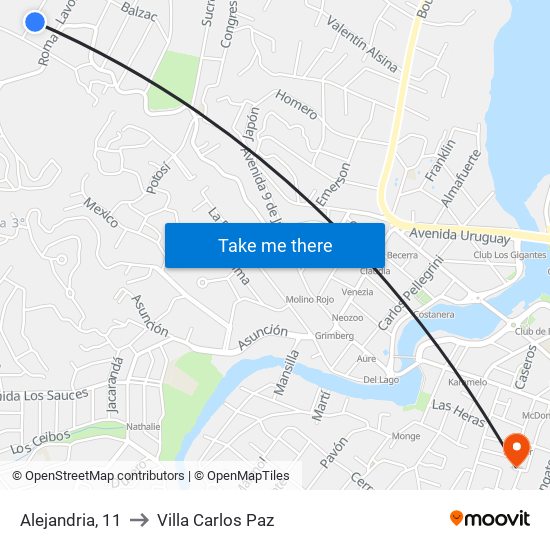 Alejandria, 11 to Villa Carlos Paz map