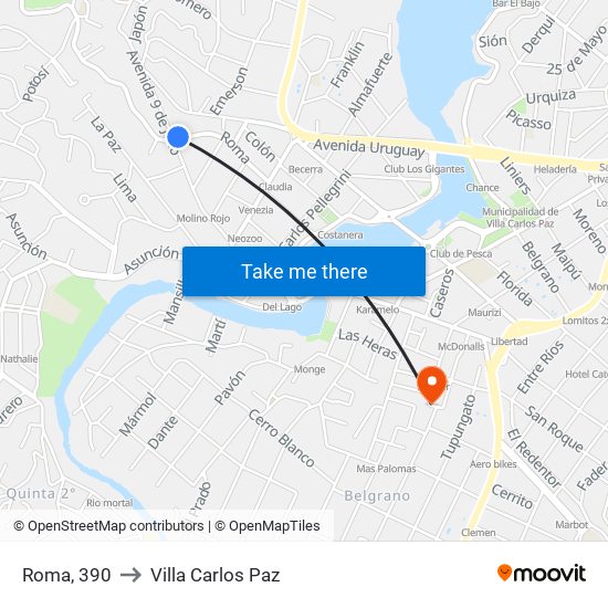 Roma, 390 to Villa Carlos Paz map