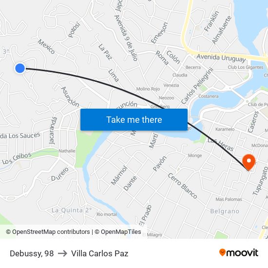 Debussy, 98 to Villa Carlos Paz map