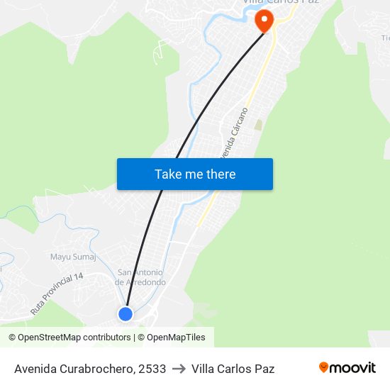 Avenida Curabrochero, 2533 to Villa Carlos Paz map
