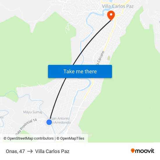 Onas, 47 to Villa Carlos Paz map