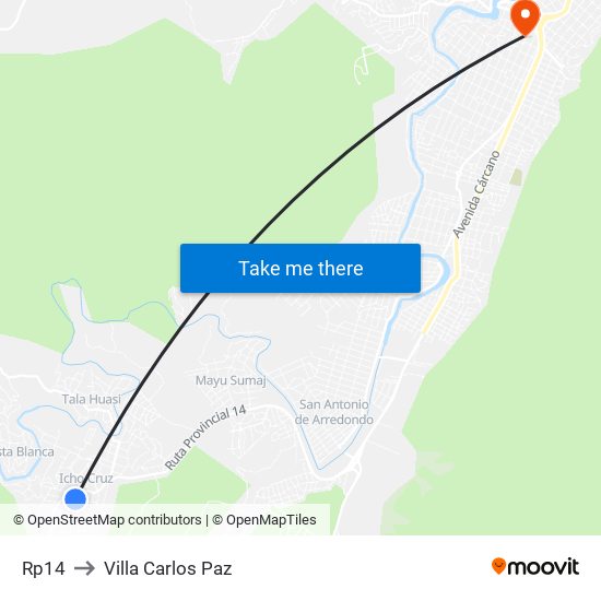 Rp14 to Villa Carlos Paz map