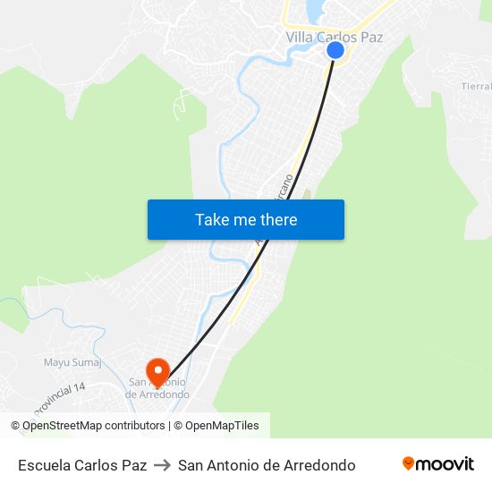 Escuela Carlos Paz to San Antonio de Arredondo map