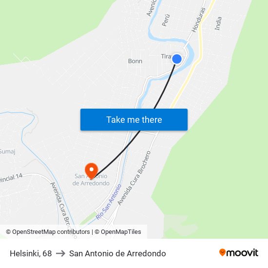 Helsinki, 68 to San Antonio de Arredondo map
