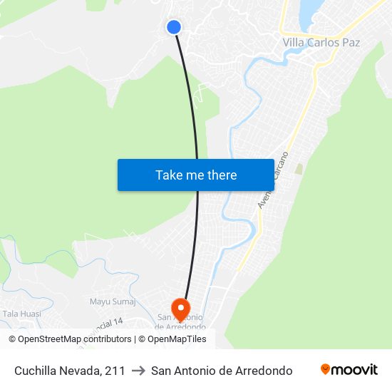 Cuchilla Nevada, 211 to San Antonio de Arredondo map