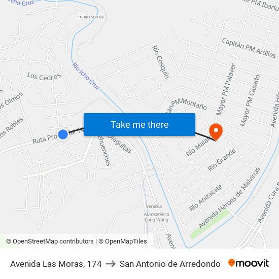 Avenida Las Moras, 174 to San Antonio de Arredondo map