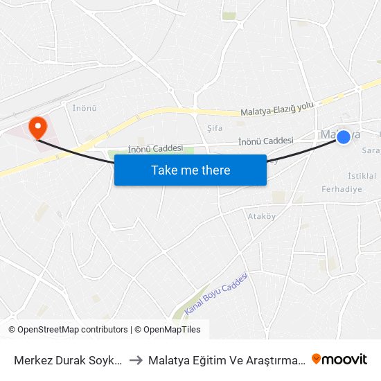 Merkez Durak Soykan Parkı to Malatya Eğitim Ve Araştırma Hastanesi map