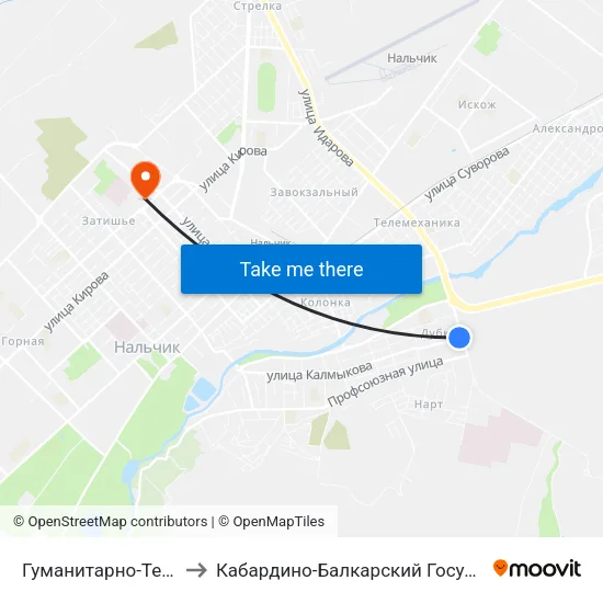 Гуманитарно-Технический Колледж to Кабардино-Балкарский Государственный Университет (КБГУ) map